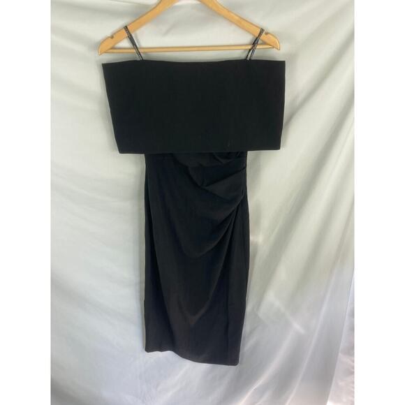 VINCE CAMUTO OFF THE SHOULDER POPOVER RUCHED BLACK DRESS size 4 - Picture 2 of 7